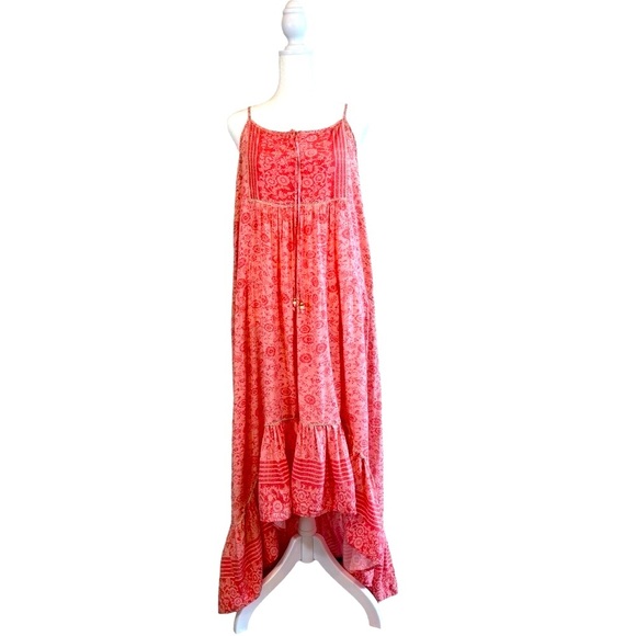 COCO & CARMEN CORAL PINK FLORAL HIGH LOW RUFFLE BOTTOM BOHO MAXI DRESS NWOT - Picture 1 of 13